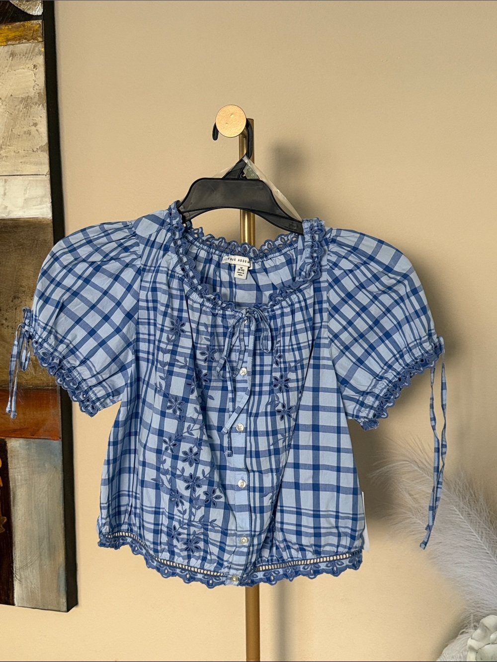Smocked Blue Plaid Peasant Blouse with Embroidery